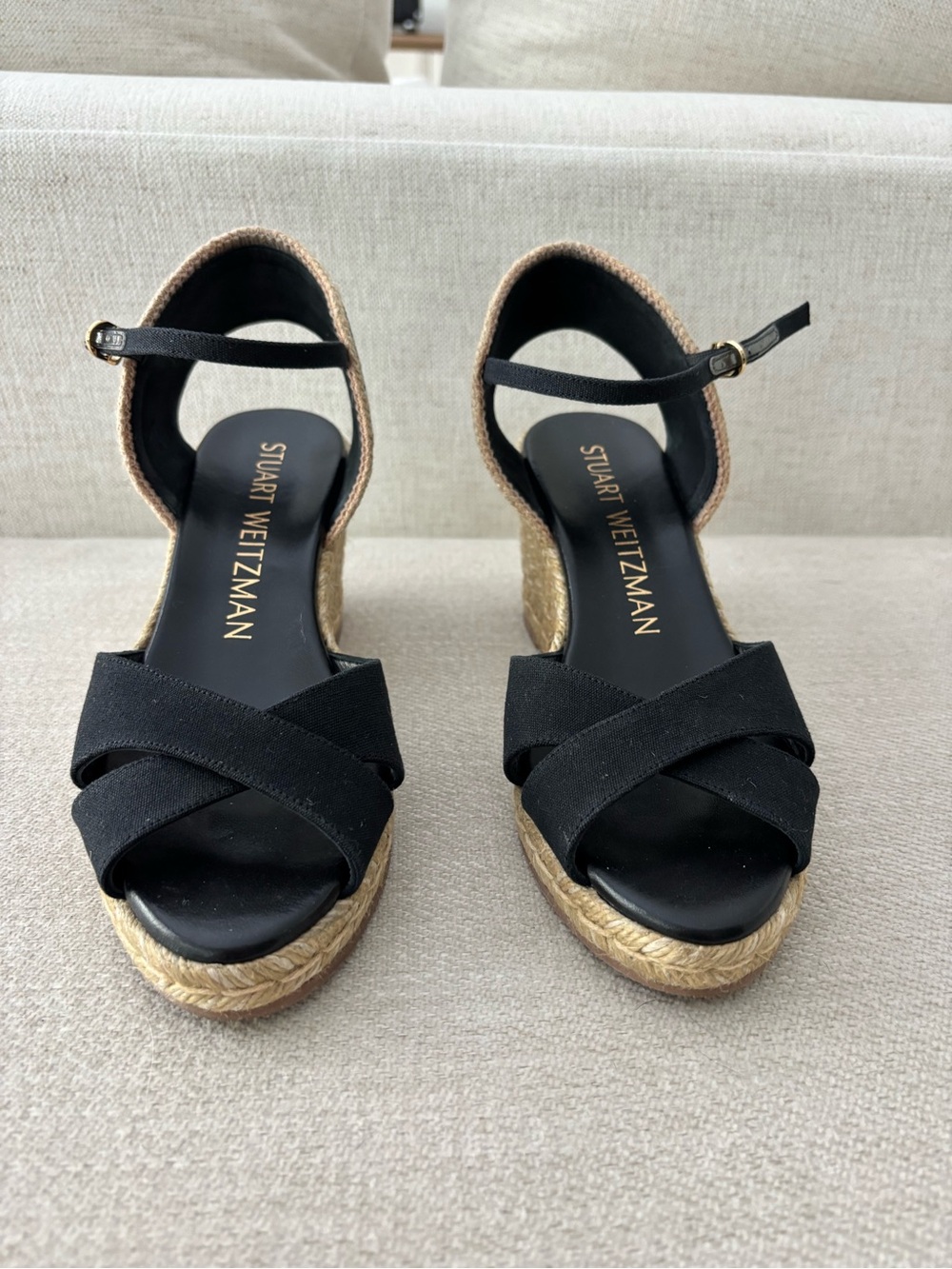 Stuart Weitzman Black Espadrille Ankle-Strap Wedges